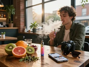 Smoothly enjoying Clean Carts disposable vape surrounded by fresh ingredients in a trendy cafe.
