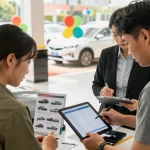 Customer reviewing a car check UK report at a dealership, ensuring informed vehicle purchase.