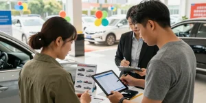 Customer reviewing a car check UK report at a dealership, ensuring informed vehicle purchase.