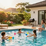 Dolphin Pool Services - Family enjoying a summer day at a beautifully maintained pool with colorful toys and lush greenery.
