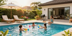 Dolphin Pool Services - Family enjoying a summer day at a beautifully maintained pool with colorful toys and lush greenery.