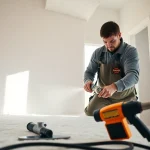 Technician performing spray foam removal near me in a bright and clean environment.