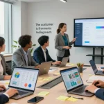 Dynamic collaboration scene showcasing an all-in-one CRM for small service business in a modern office.