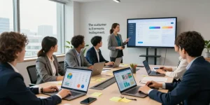 Dynamic collaboration scene showcasing an all-in-one CRM for small service business in a modern office.
