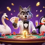 Experience elite gambling at bj388 with a cartoon wolf, swan, and penguin amid dazzling casino elements.