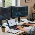 vds satın al with a tech workspace showcasing coding, modern design, and a vibrant atmosphere.