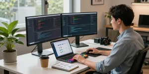 vds satın al with a tech workspace showcasing coding, modern design, and a vibrant atmosphere.