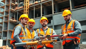 Showcasing construction workforce development as skilled workers collaborate on a construction site.