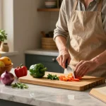 Bamboo cutting boards being used by a home cook to slice fresh vegetables in a cozy kitchen ambiance.
