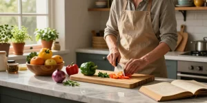 Bamboo cutting boards being used by a home cook to slice fresh vegetables in a cozy kitchen ambiance.