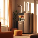 Showcase an american standard furnace emitting warmth in a cozy living room, highlighting its modern design and comfort.