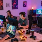 Adult gamers enjoying immersive gameplay of an adult game with friends in a modern living room.