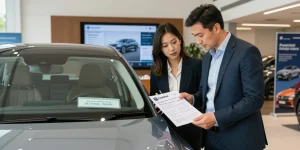 Car check UK process with customer reviewing vehicle history report in dealership.