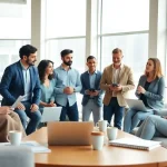 Members of a construction membership association collaborating in a bright office space.