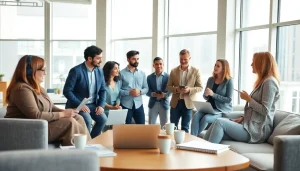 Members of a construction membership association collaborating in a bright office space.