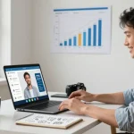 Small business owner discussing ai automations for small business in a modern workspace with sales graphs and virtual assistant interface.