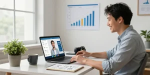 Small business owner discussing ai automations for small business in a modern workspace with sales graphs and virtual assistant interface.
