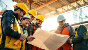 Construction apprenticeship: Diverse apprentices collaborate on construction plans at a job site.