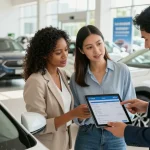 Couple using a vin lookup report while examining a used car at a dealership.
