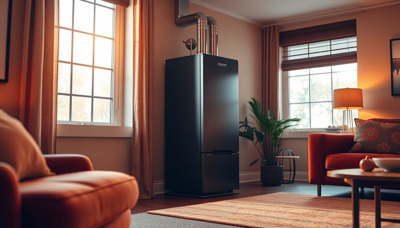 Showcase an american standard furnace emitting warmth in a cozy living room, highlighting its modern design and comfort. related image
