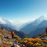Adventurers on the Sandakphu trek surrounded by breathtaking mountain scenery