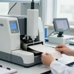 Tear strength tester in action during fabric testing by a technician in a modern lab.