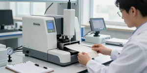 Tear strength tester in action during fabric testing by a technician in a modern lab.