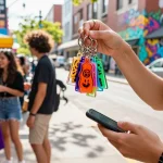 Vibrant custom acrylic keychains showcased in a lively urban street scene.