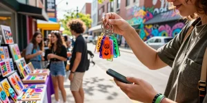 Vibrant custom acrylic keychains showcased in a lively urban street scene.