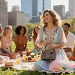 Group of friends in modern modest dresses enjoying a sunny day in the park.