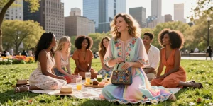 Group of friends in modern modest dresses enjoying a sunny day in the park.