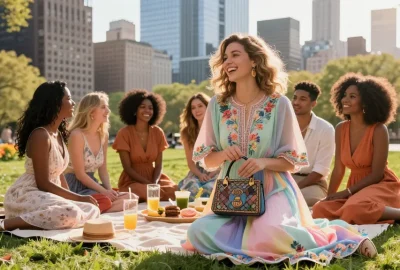 Group of friends in modern modest dresses enjoying a sunny day in the park.