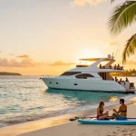 Luxury yacht rental Punta Cana with guests enjoying drinks at sunset.