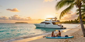 Luxury yacht rental Punta Cana with guests enjoying drinks at sunset.