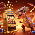 Experience the excitement of 789F with a dinosaur winning coins from a slot machine while chaos unfolds!