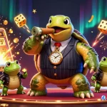 LUCK8 showcases a vibrant casino atmosphere with a turtle mobster and frog enforcers amidst bursting slot machines.