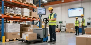 Operator using an electric pallet truck with scale and printer for sale in a vibrant warehouse setting, enhancing efficiency.