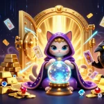 Sunwin's captivating gaming experience showcases a mystical fortune teller and treasure elements in an enchanting casino illustration.